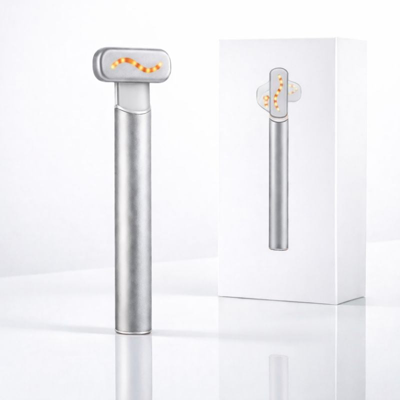 Stylo lifting visage NovaSkinLab argenté — appareil EMS 4-en-1 avec boîte